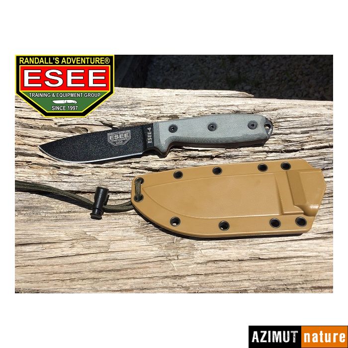 Produit Esee - Couteau Esee 4 Lame lisse Black + Etui Brown + Clip Plate
