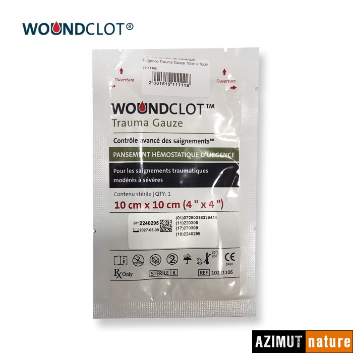 Produit Woundclot - Pansement hemostatique d'urgence - Trauma Gauze - 10 x 10 cm